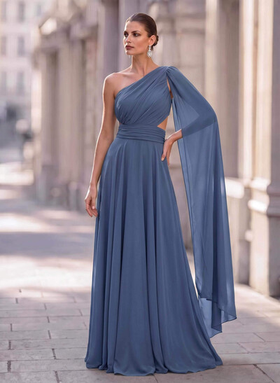 A-Line One-Shoulder Sweep Train Chiffon Mother Of The Bride Dresses