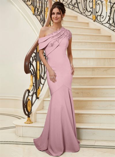 Sheath Asymmetrical Neck Short Sleeves Floor-Length Elastic Satin Mother Of The Bride Dresses With Appliques Lace