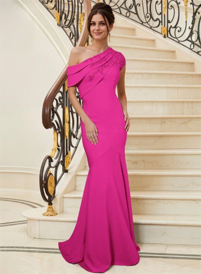 Sheath Asymmetrical Neck Short Sleeves Floor-Length Elastic Satin Mother Of The Bride Dresses With Appliques Lace