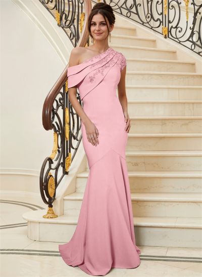 Sheath Asymmetrical Neck Short Sleeves Sweep Train Elastic Satin Mother Of The Bride Dresses With Appliques Lace/Sequins