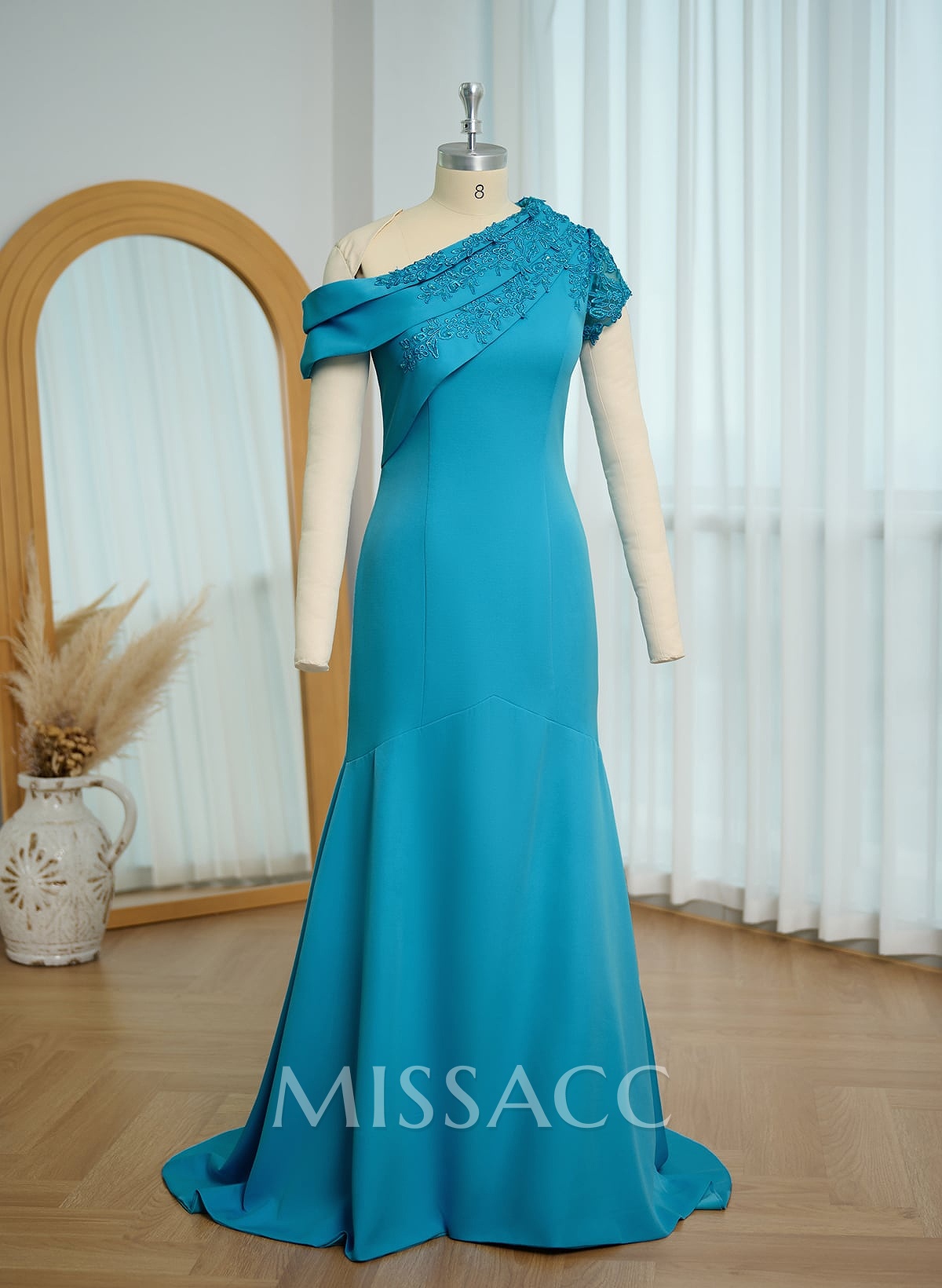 Sheath Asymmetrical Neck Short Sleeves Sweep Train Elastic Satin Mother Of The Bride Dresses With Appliques Lace/Sequins