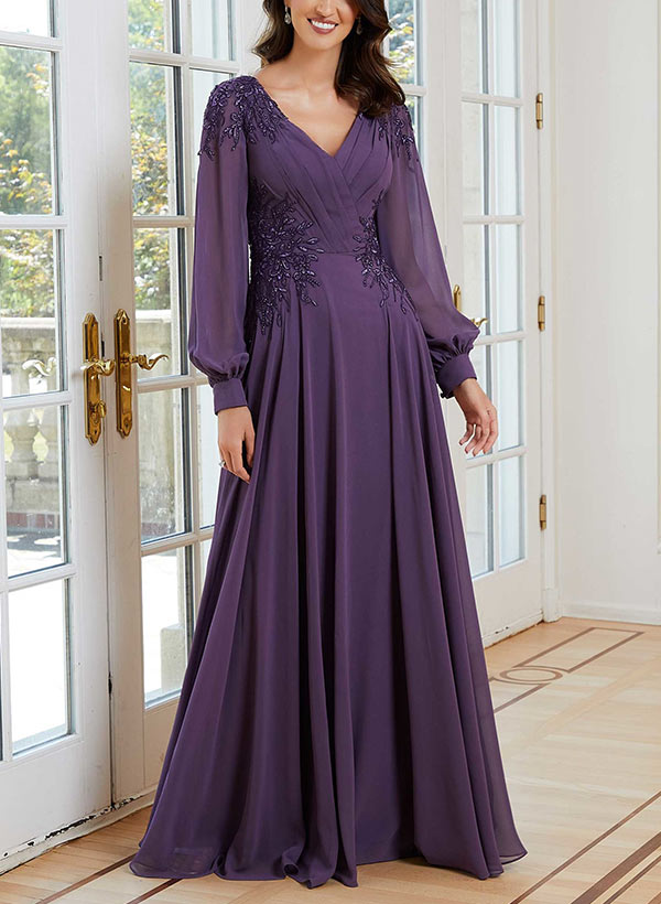 A-Line V-Neck Long Sleeves Floor-Length Chiffon Mother Of The Bride Dresses With Appliques Lace