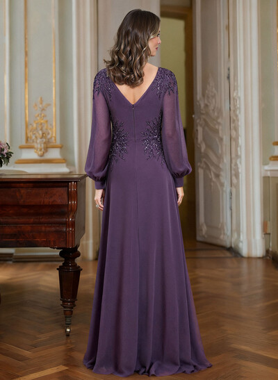 A-Line V-Neck Long Sleeves Floor-Length Chiffon Mother Of The Bride Dresses With Appliques Lace