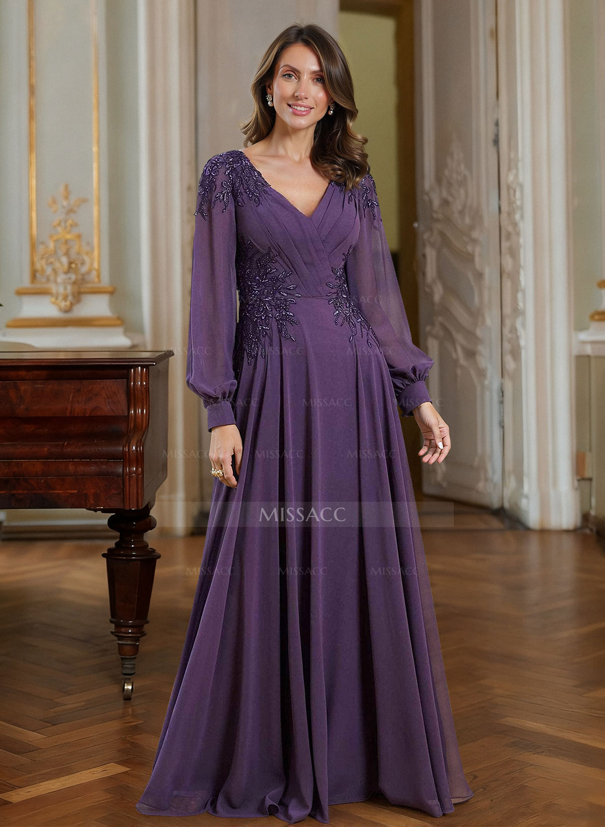 A-Line V-Neck Long Sleeves Floor-Length Chiffon Mother Of The Bride Dresses With Appliques Lace