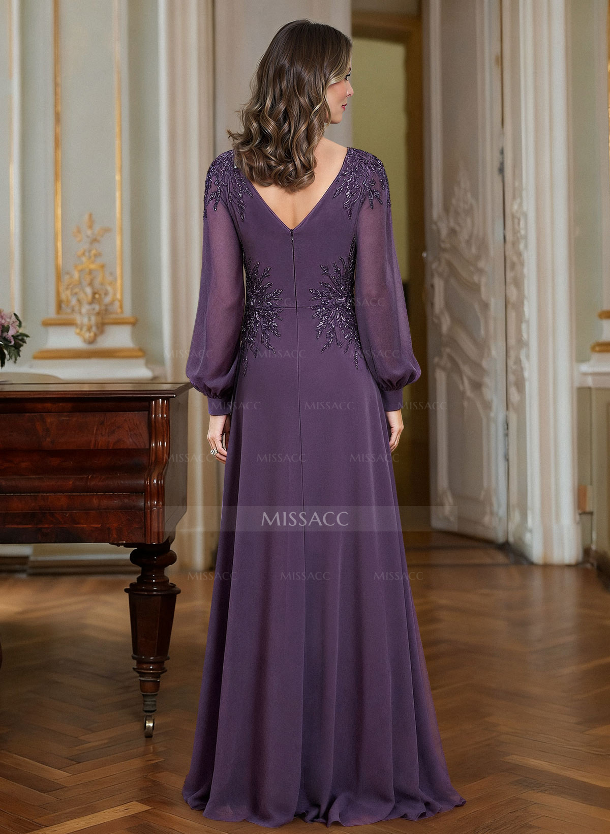 A-Line V-Neck Long Sleeves Floor-Length Chiffon Mother Of The Bride Dresses With Appliques Lace