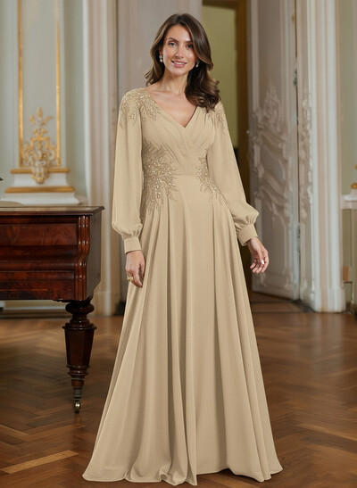 A-Line V-Neck Long Sleeves Floor-Length Chiffon Mother Of The Bride Dresses With Appliques Lace