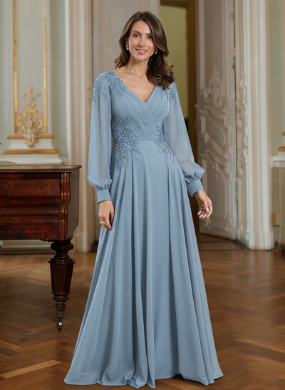 A-Line V-Neck Long Sleeves Floor-Length Chiffon Mother Of The Bride Dresses With Appliques Lace