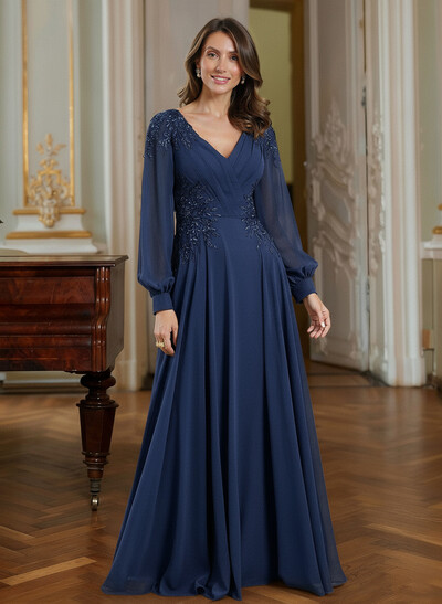 A-Line V-Neck Long Sleeves Floor-Length Chiffon Mother Of The Bride Dresses With Appliques Lace