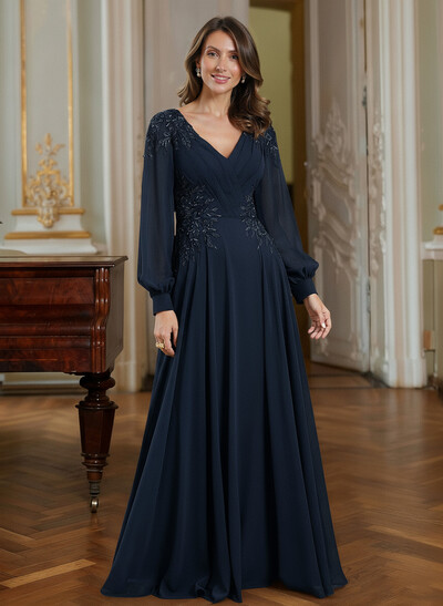 A-Line V-Neck Long Sleeves Floor-Length Chiffon Mother Of The Bride Dresses With Appliques Lace