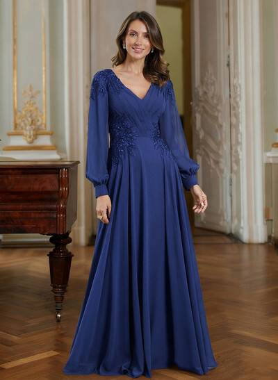 A-Line V-Neck Long Sleeves Floor-Length Chiffon Mother Of The Bride Dresses With Appliques Lace
