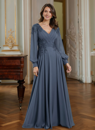 A-Line V-Neck Long Sleeves Floor-Length Chiffon Mother Of The Bride Dresses With Appliques Lace