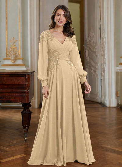 A-Line V-Neck Long Sleeves Floor-Length Chiffon Mother Of The Bride Dresses With Appliques Lace