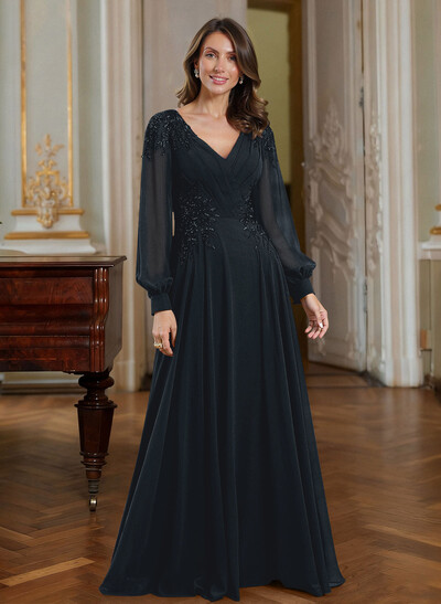 A-Line V-Neck Long Sleeves Floor-Length Chiffon Mother Of The Bride Dresses With Appliques Lace