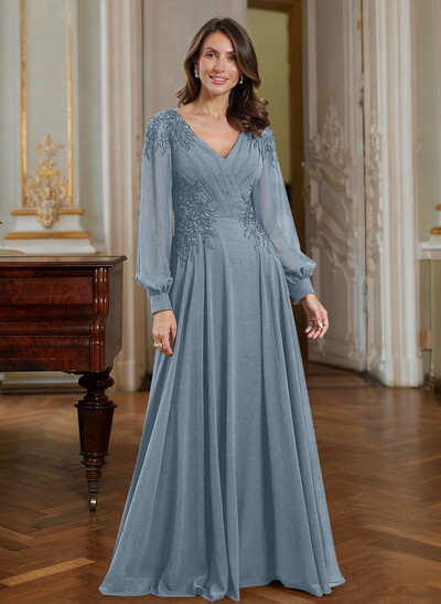A-Line V-Neck Long Sleeves Floor-Length Chiffon Mother Of The Bride Dresses With Appliques Lace