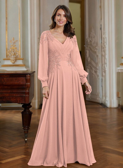 A-Line V-Neck Long Sleeves Floor-Length Chiffon Mother Of The Bride Dresses With Appliques Lace