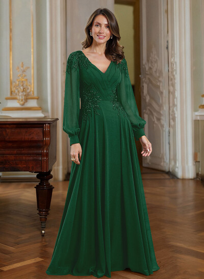 A-Line V-Neck Long Sleeves Floor-Length Chiffon Mother Of The Bride Dresses With Appliques Lace