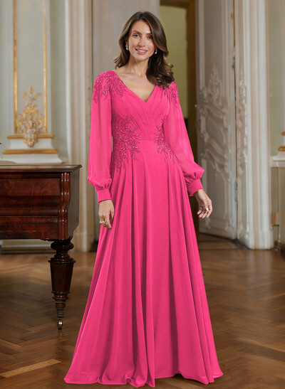 A-Line V-Neck Long Sleeves Floor-Length Chiffon Mother Of The Bride Dresses With Appliques Lace
