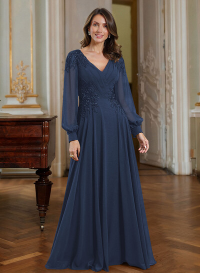 A-Line V-Neck Long Sleeves Floor-Length Chiffon Mother Of The Bride Dresses With Appliques Lace