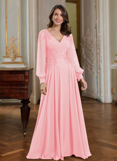 A-Line V-Neck Long Sleeves Floor-Length Chiffon Mother Of The Bride Dresses With Appliques Lace