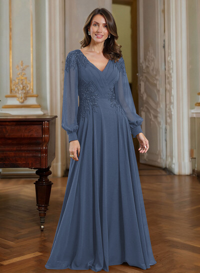 A-Line V-Neck Long Sleeves Floor-Length Chiffon Mother Of The Bride Dresses With Appliques Lace