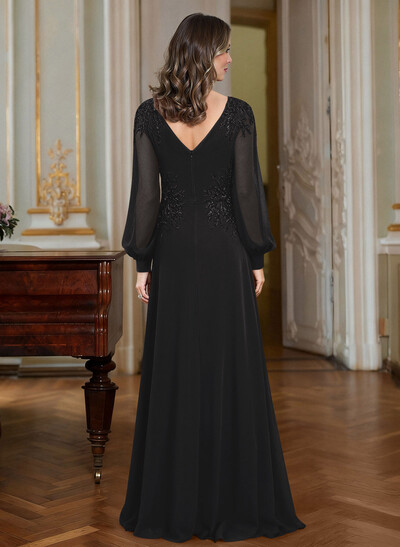 A-Line V-Neck Long Sleeves Floor-Length Chiffon Mother Of The Bride Dresses With Appliques Lace