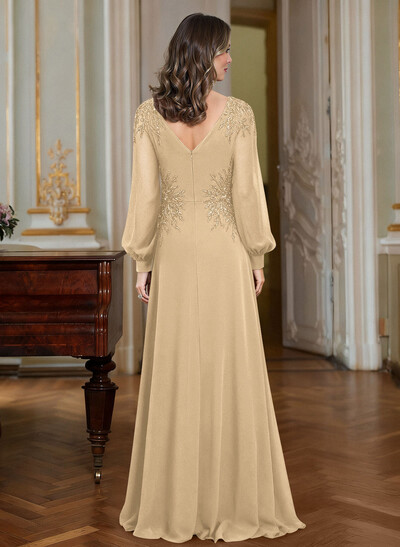 A-Line V-Neck Long Sleeves Floor-Length Chiffon Mother Of The Bride Dresses With Appliques Lace
