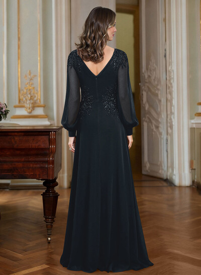 A-Line V-Neck Long Sleeves Floor-Length Chiffon Mother Of The Bride Dresses With Appliques Lace