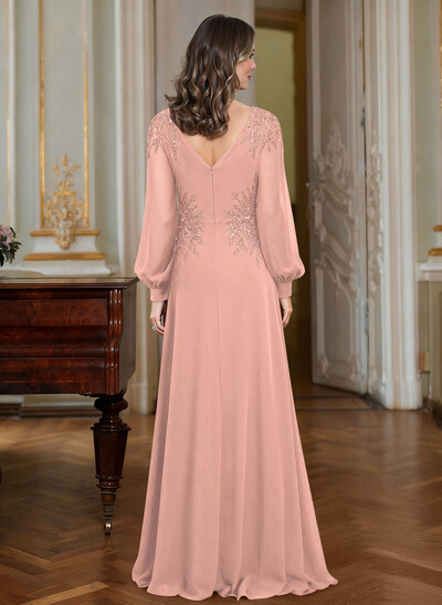 A-Line V-Neck Long Sleeves Floor-Length Chiffon Mother Of The Bride Dresses With Appliques Lace