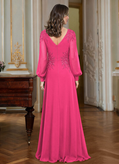 A-Line V-Neck Long Sleeves Floor-Length Chiffon Mother Of The Bride Dresses With Appliques Lace
