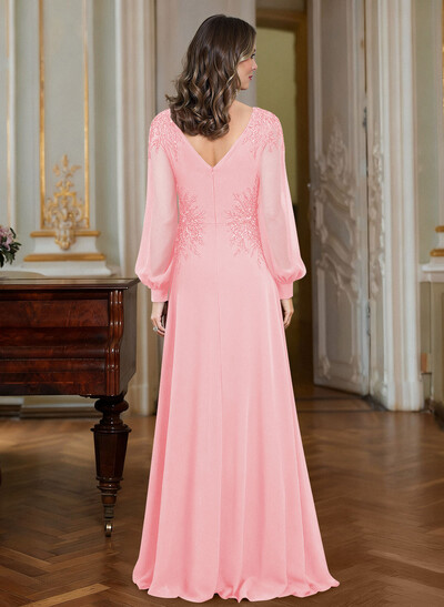 A-Line V-Neck Long Sleeves Floor-Length Chiffon Mother Of The Bride Dresses With Appliques Lace