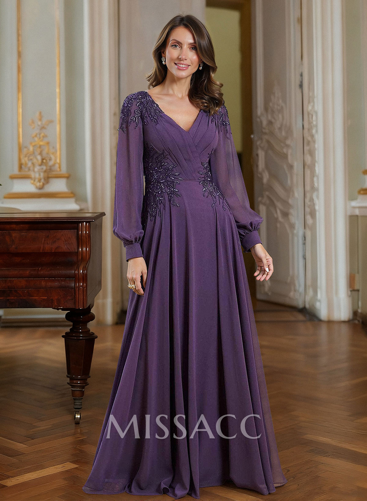 A-Line V-Neck Long Sleeves Floor-Length Chiffon Mother Of The Bride Dresses With Appliques Lace A-Line V-Neck Long Sleeves Floor-Length Chiffon Mother Of The Bride Dresses With Appliques Lace