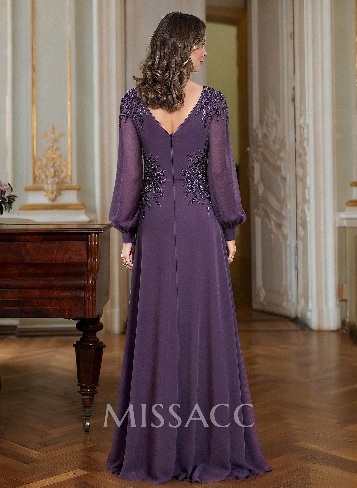 A-Line V-Neck Long Sleeves Floor-Length Chiffon Mother Of The Bride Dresses With Appliques Lace A-Line V-Neck Long Sleeves Floor-Length Chiffon Mother Of The Bride Dresses With Appliques Lace