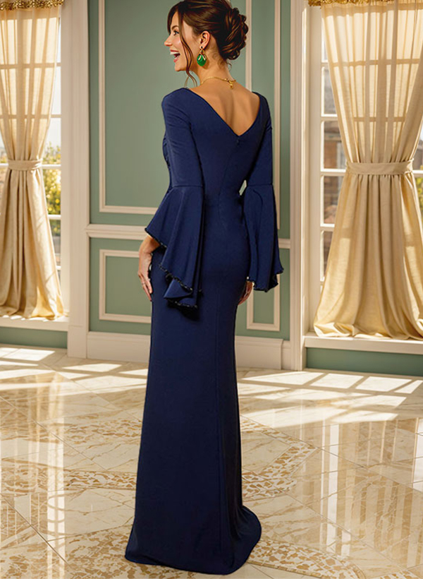 Sheath V-Neck Long Sleeves Floor-Length Elastic Satin Mother Of The Bride Dresses With Beading