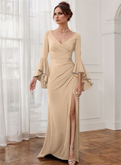 Sheath V-Neck Long Sleeves Floor-Length Elastic Satin Mother Of The Bride Dresses With Beading