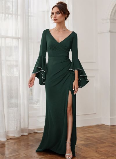 Sheath V-Neck Long Sleeves Floor-Length Elastic Satin Mother Of The Bride Dresses With Beading