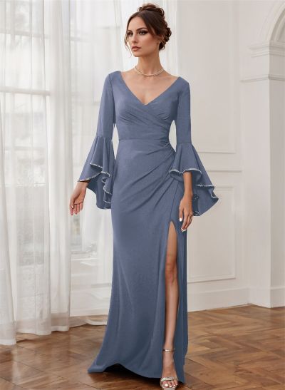 Sheath V-Neck Long Sleeves Floor-Length Elastic Satin Mother Of The Bride Dresses With Beading
