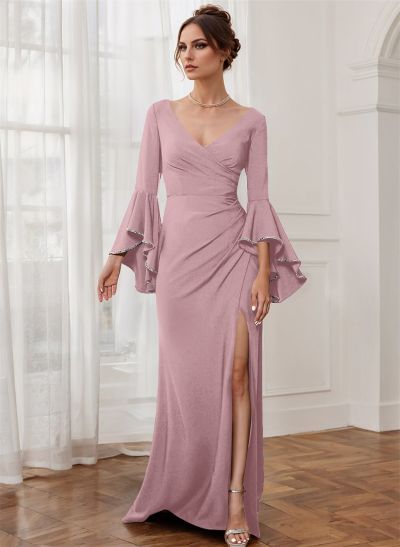 Sheath V-Neck Long Sleeves Floor-Length Elastic Satin Mother Of The Bride Dresses With Beading