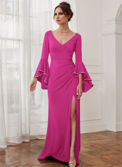 Sheath V-Neck Long Sleeves Floor-Length Elastic Satin Mother Of The Bride Dresses With Beading