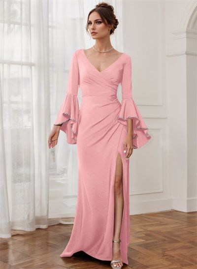 Sheath V-Neck Long Sleeves Floor-Length Elastic Satin Mother Of The Bride Dresses With Beading