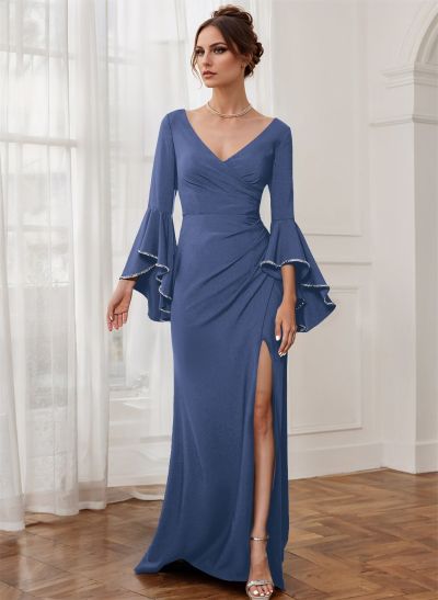 Sheath V-Neck Long Sleeves Floor-Length Elastic Satin Mother Of The Bride Dresses With Beading