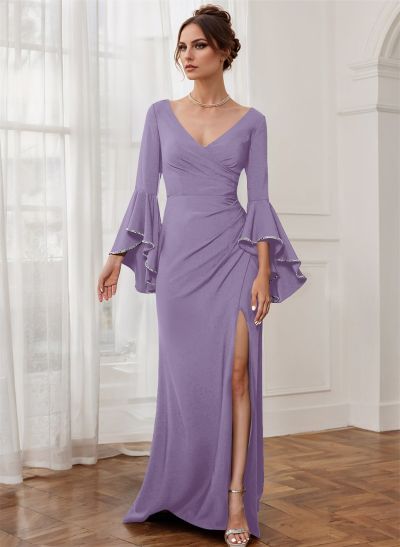 Sheath V-Neck Long Sleeves Floor-Length Elastic Satin Mother Of The Bride Dresses With Beading