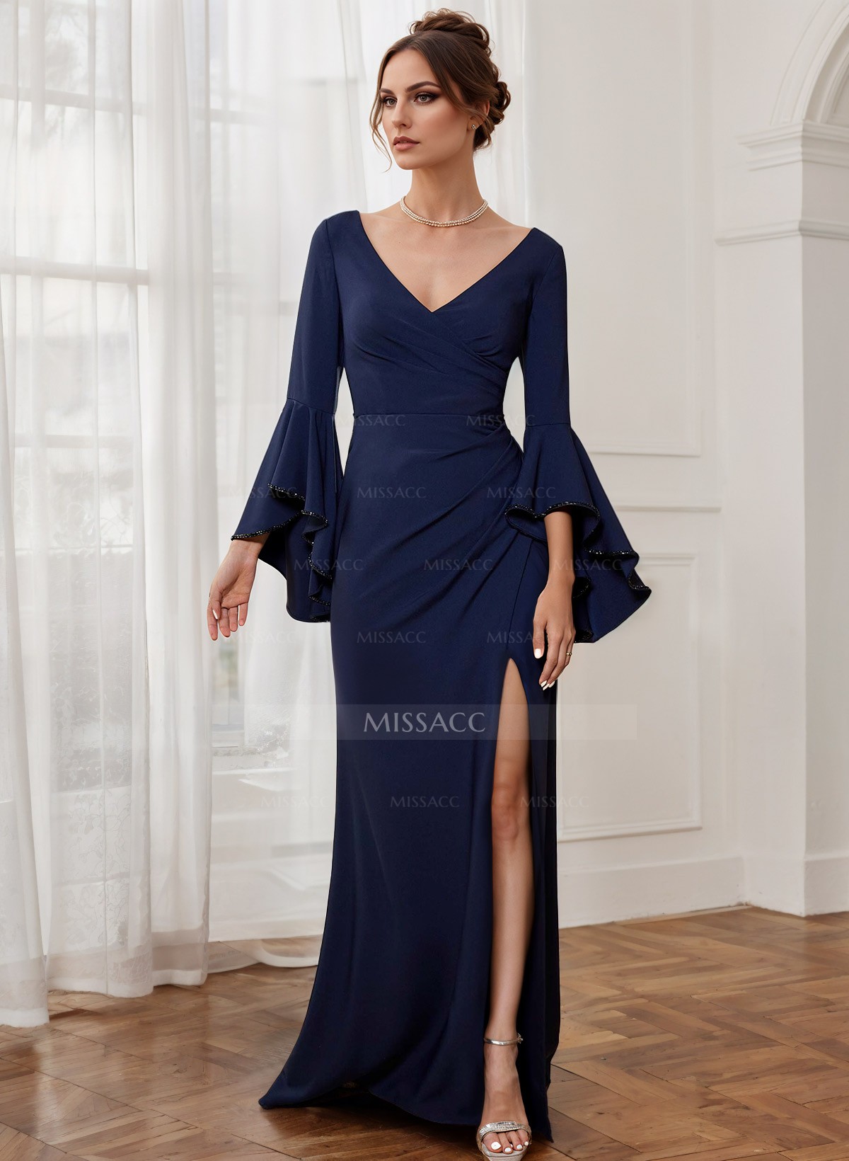 Sheath V-Neck Long Sleeves Floor-Length Elastic Satin Mother Of The Bride Dresses With Beading