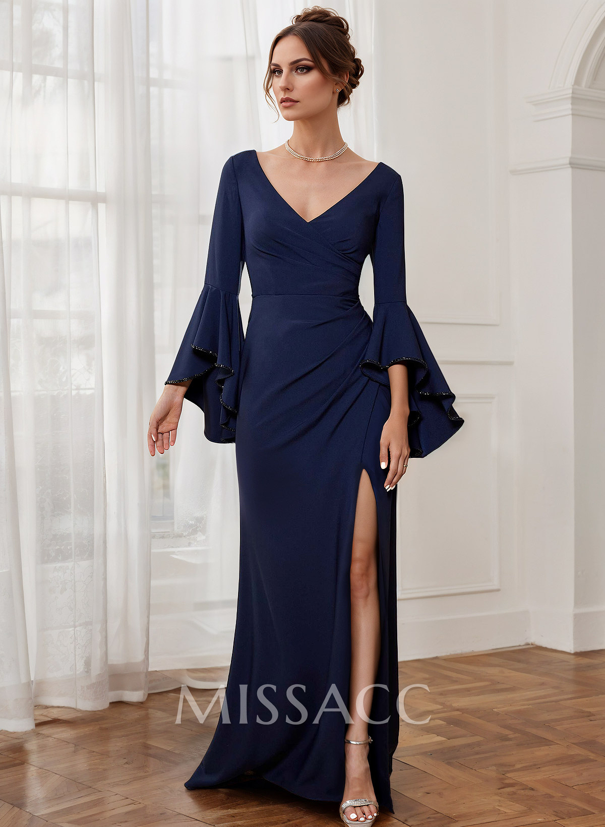 Sheath V-Neck Long Sleeves Floor-Length Elastic Satin Mother Of The Bride Dresses With Beading Sheath V-Neck Long Sleeves Floor-Length Elastic Satin Mother Of The Bride Dresses With Beading