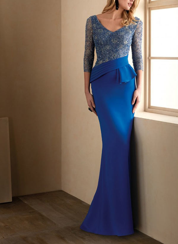 Mermaid V-Neck Long Sleeves Floor-Length Elastic Satin/Sequined Mother Of The Bride Dresses With Ruffle