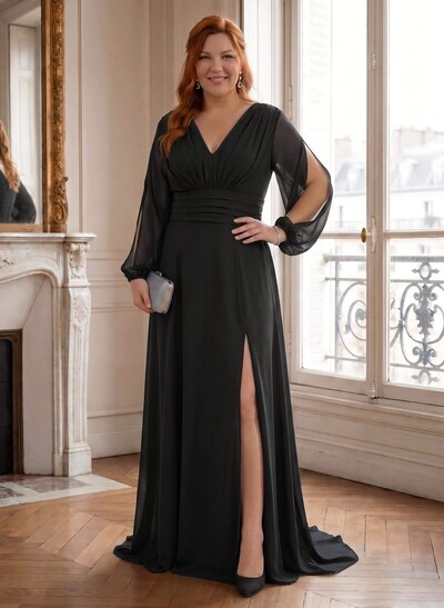 Long Sleeve V-Neck A-Line Chiffon Mother of the Bride Dresses