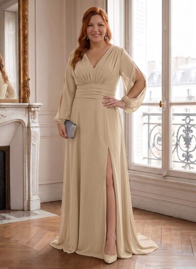 Long Sleeves V-Neck A-Line Mother Of The Bride Dresses With Chiffon