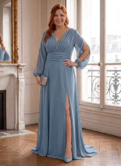 Long Sleeves V-Neck A-Line Mother Of The Bride Dresses With Chiffon