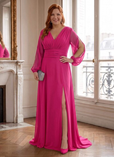 Long Sleeve V-Neck A-Line Chiffon Mother of the Bride Dresses