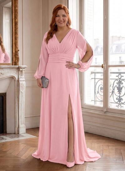 Long Sleeves V-Neck A-Line Mother Of The Bride Dresses With Chiffon