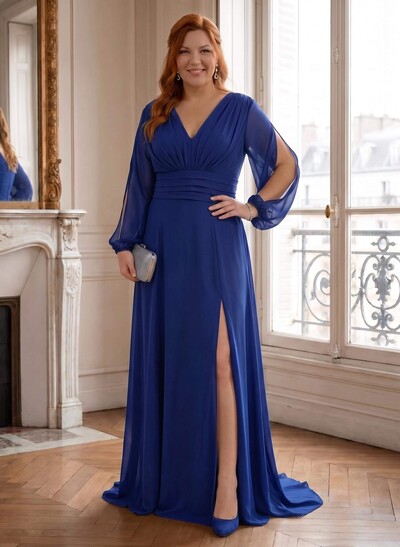 Long Sleeves V-Neck A-Line Mother Of The Bride Dresses With Chiffon